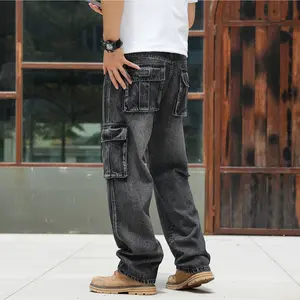 Men's Cargo Jeans Relaxed Straight Fit Vintage Washed Multi-Pocket Streetwear Everyday Essential Denim Pants