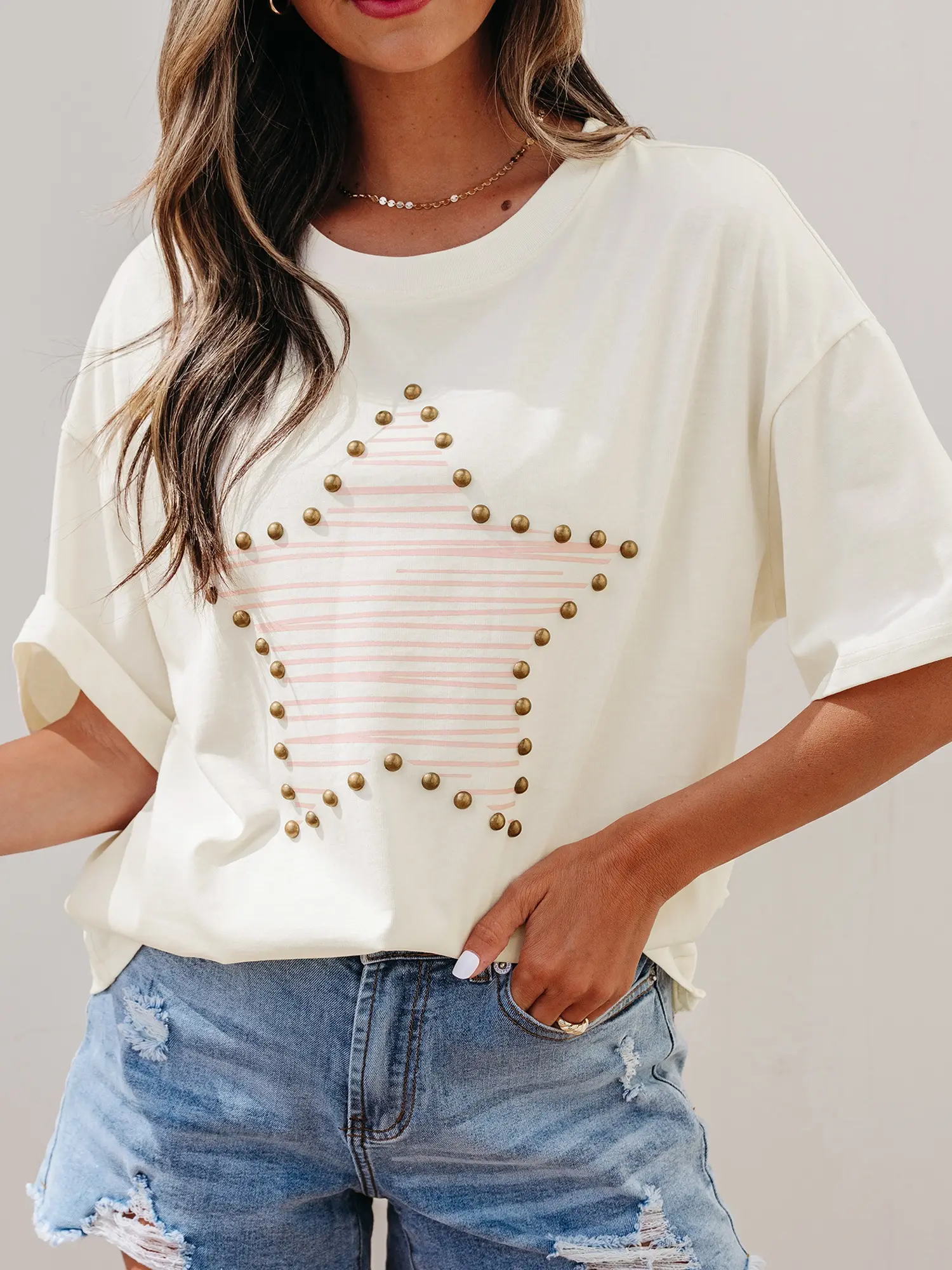 Women's 100% Cotton Beige Short Sleeve T-Shirt Casual Round Neck Top Pink Star Graphic with Stud Details
