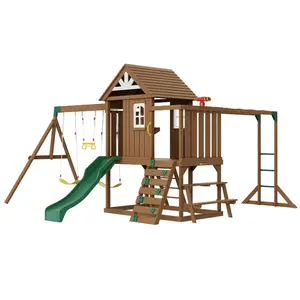 VEVOR Wooden Swing Set, 10 IN 1 Playground Sets for Backyards, 2 Swings, Trapeze Bar, 6FT Slide, Large Upper Fort with Kitchen Toys, Flat Step Ladder, Rock Wall, Picnic Table, Sandbox, Scaling Ladder