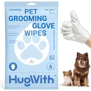HugWith Pet Grooming Glove Wipes for Dogs & Cats - Hypoallergenic Deodorizing Wipes with Natural Oat Extract for Fur Paws & Butt - Gentle & Moisturizing for Sensitive Skin - Eco-Friendly & Waterless Solution
