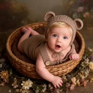 Newborn Photography Props Set, Handmade Wool Bear, Cute Bib Pants Hat Set, Unisex Baby Photo Costume, Cozy Infant Photography Clothing