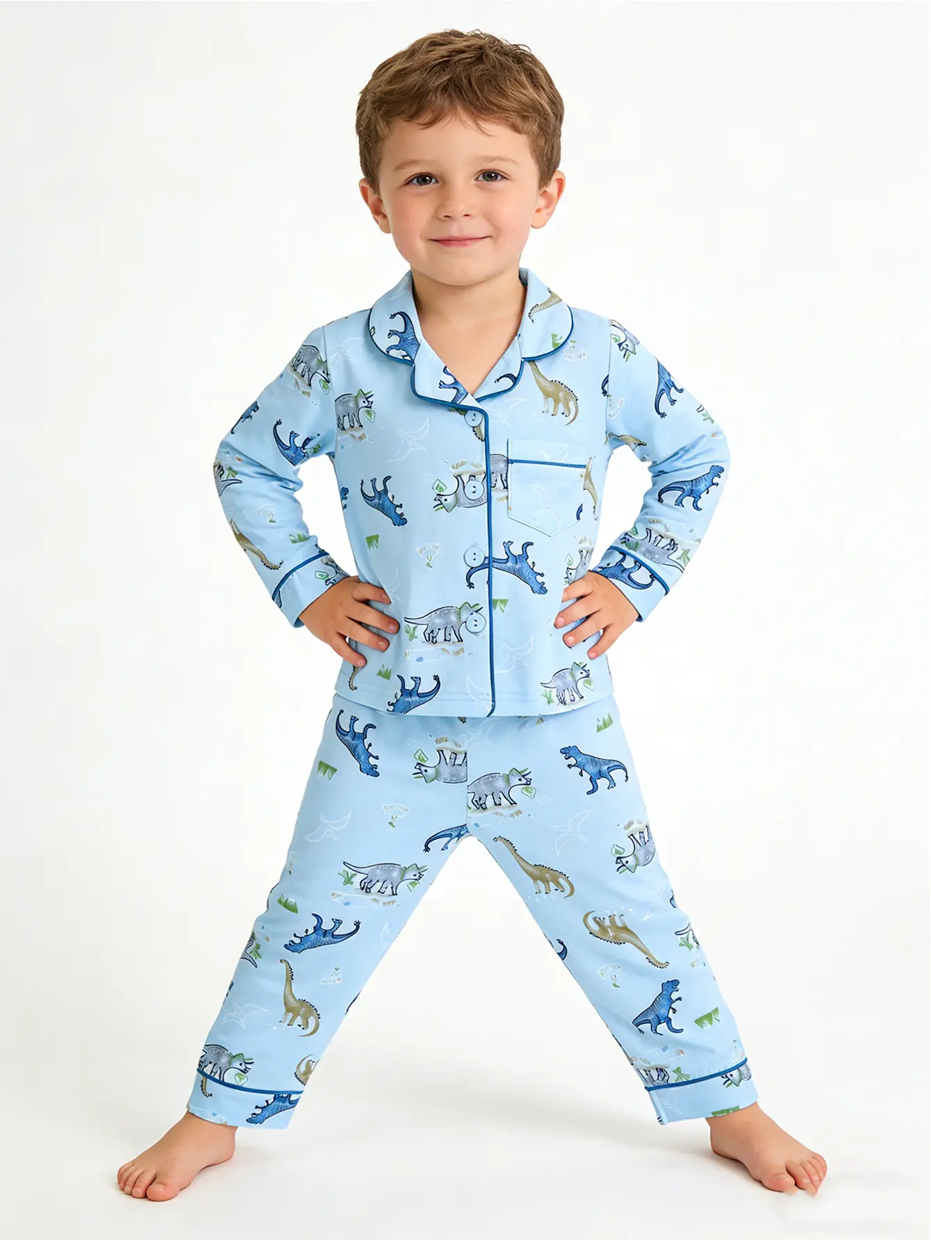 Kaka Here Boys' 2-Piece Pajama Lounge Sets - 1-8 Ages (3-4 Years Included), Collared Neck, Long-Sleeve, Long-Pant, Front Button Closure, Pockets, Pastel Cartoon Print, Soft Polyester, All Seasons Home Sleepwear Soft Casual Pajamas