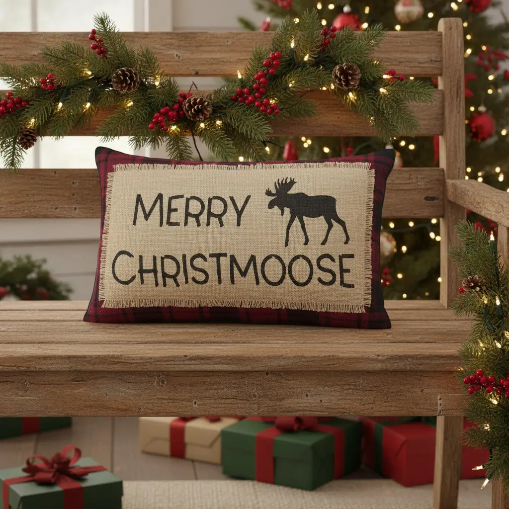 Boone Trace Merry Christmoose Cotton Pillow, 14x22 Inch Christmas Decor Holiday Accent Pillow