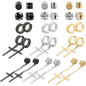 15 Pairs  Stud Earrings for Men Clip on Earrings Stainless Steel  Earring Unisex Dangle Cross CZ Hoop  Stud Earring Set for Men Women