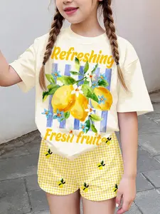 Girls' Lemon Fruit Short Sleeve Shorts Set, Breathable Summer, Casual Fitted Style, Comfortable Skin-Friendly Material