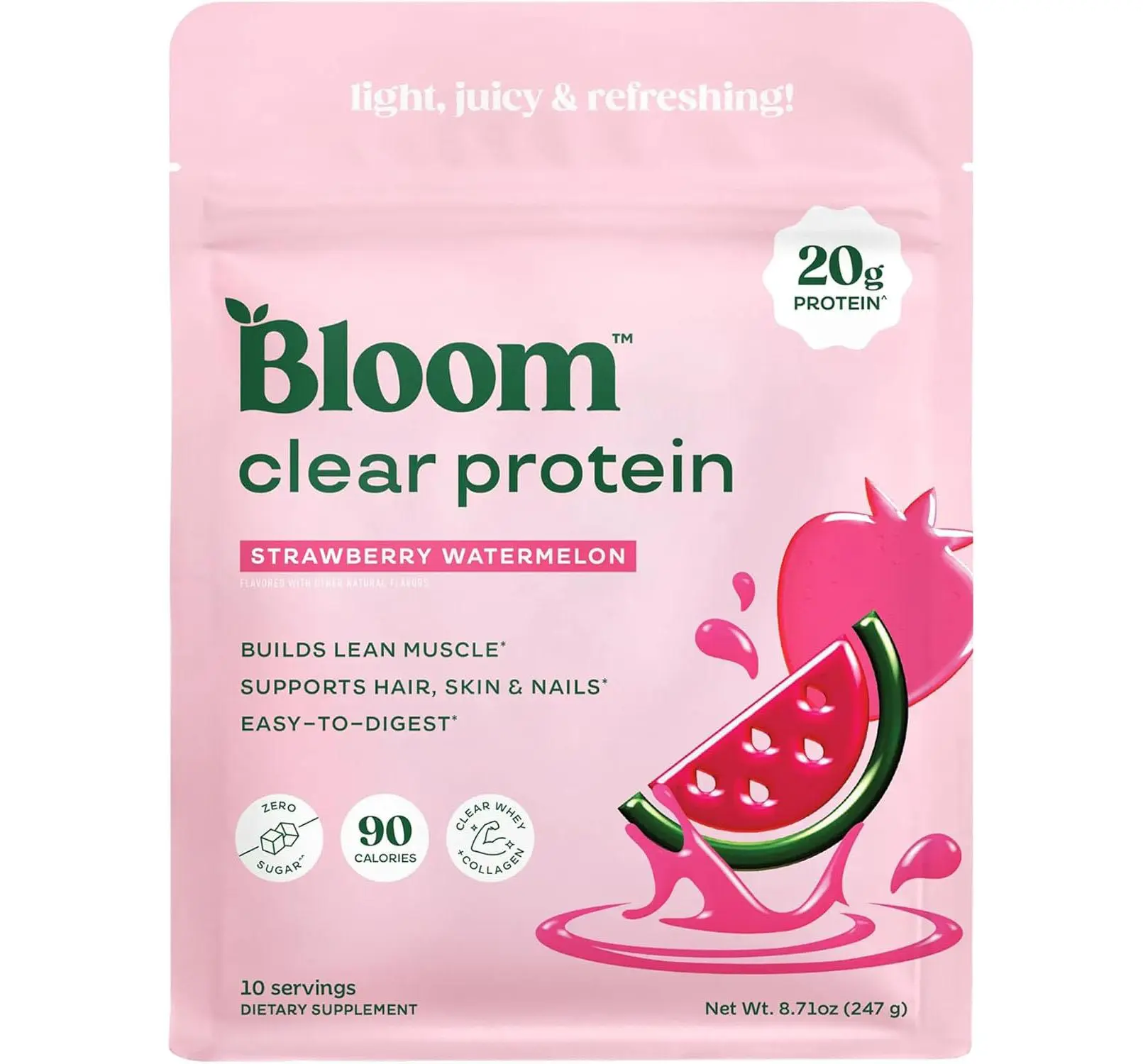 Bloom Nutrition Clear Whey Protein, Strawberry Watermelon, 10 Servings | Whey Protein Isolate with Collagen Peptides & Digestive Enzymes, 20g Protein, Sugar Free Post Workout Drink Mix, 90 Calories