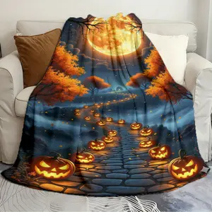Printed blankets Pumpkin lantern under bright moonlight Winter Quilts Soft and comfortable bed liner travel blanket birthday gift