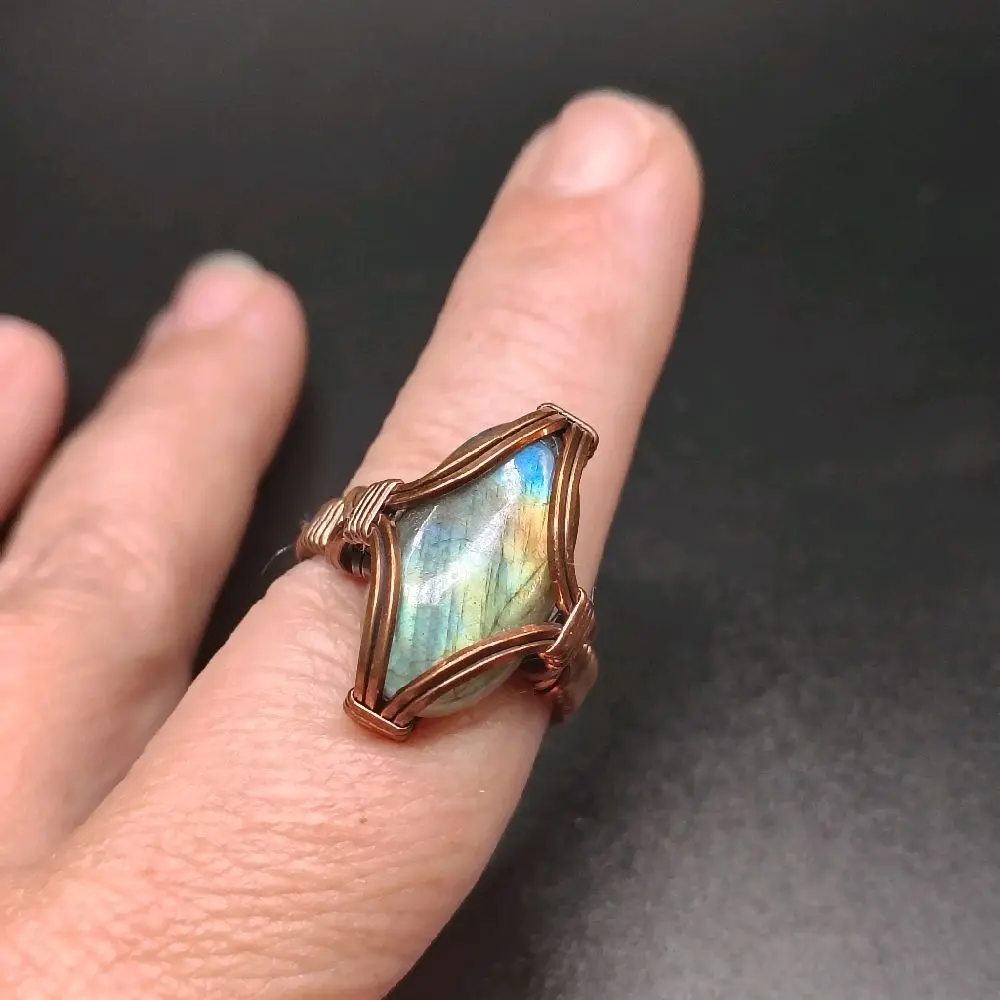 Rainbow Labradorite Copper wire wrapped Ring Sz. 7
