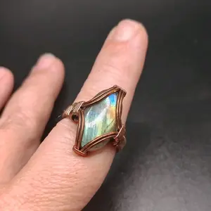 Rainbow Labradorite Copper wire wrapped Ring Sz. 7