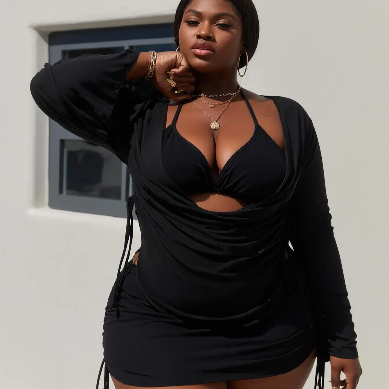 Women's Plus Size 3-Piece Bikini Sets, Solid High-Waist Ruched Swimsuit for Women with Sheer Mesh Flare-Sleeve Cover-Up, Curvy Clothing, Plus Size Swimsuits, Cover Ups Swimsuits