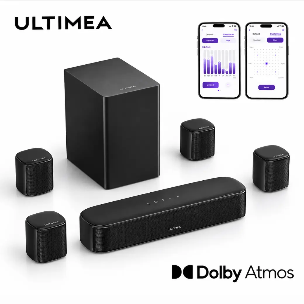 ULTIMEA Aura S5T 7.1ch Dolby Atmos Soundbar with 5.25" Subwoofer 420W Surround Sound System for Home Theater 4 Surround Speakers APP Control