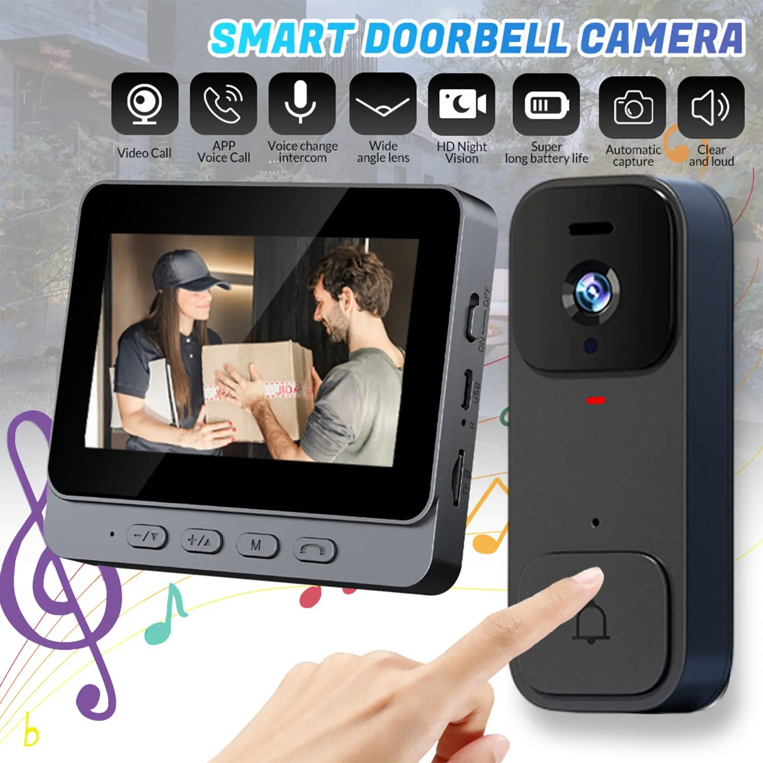 X7 Smart Video Wireless Wifi Doorbell, 4.3 Inch Color Screen, HD Video Intercom Monitor, Long Battery Life, No Network Needed, Supports Two-Way Audio
