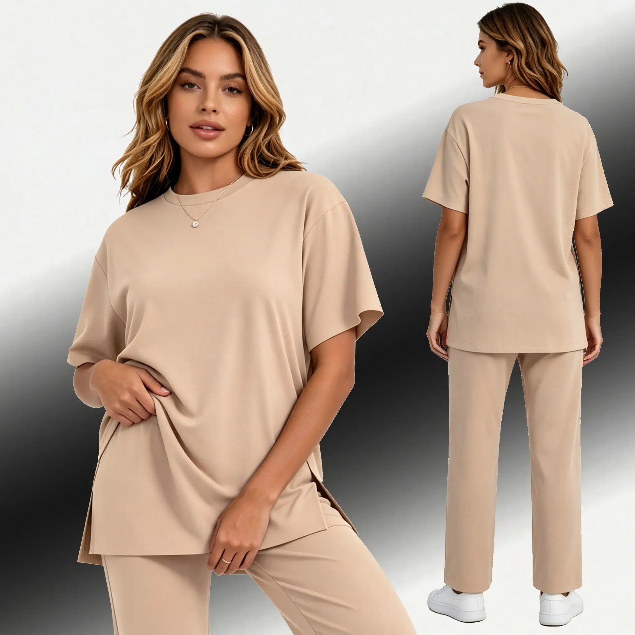 Women's Minimalist 2-Piece Crew Neck Short Sleeve Lounge Set - Soft Oversized Tee & Wide Leg Pants, Comfy Everyday Home Pajamas, Casual Matching Outfits