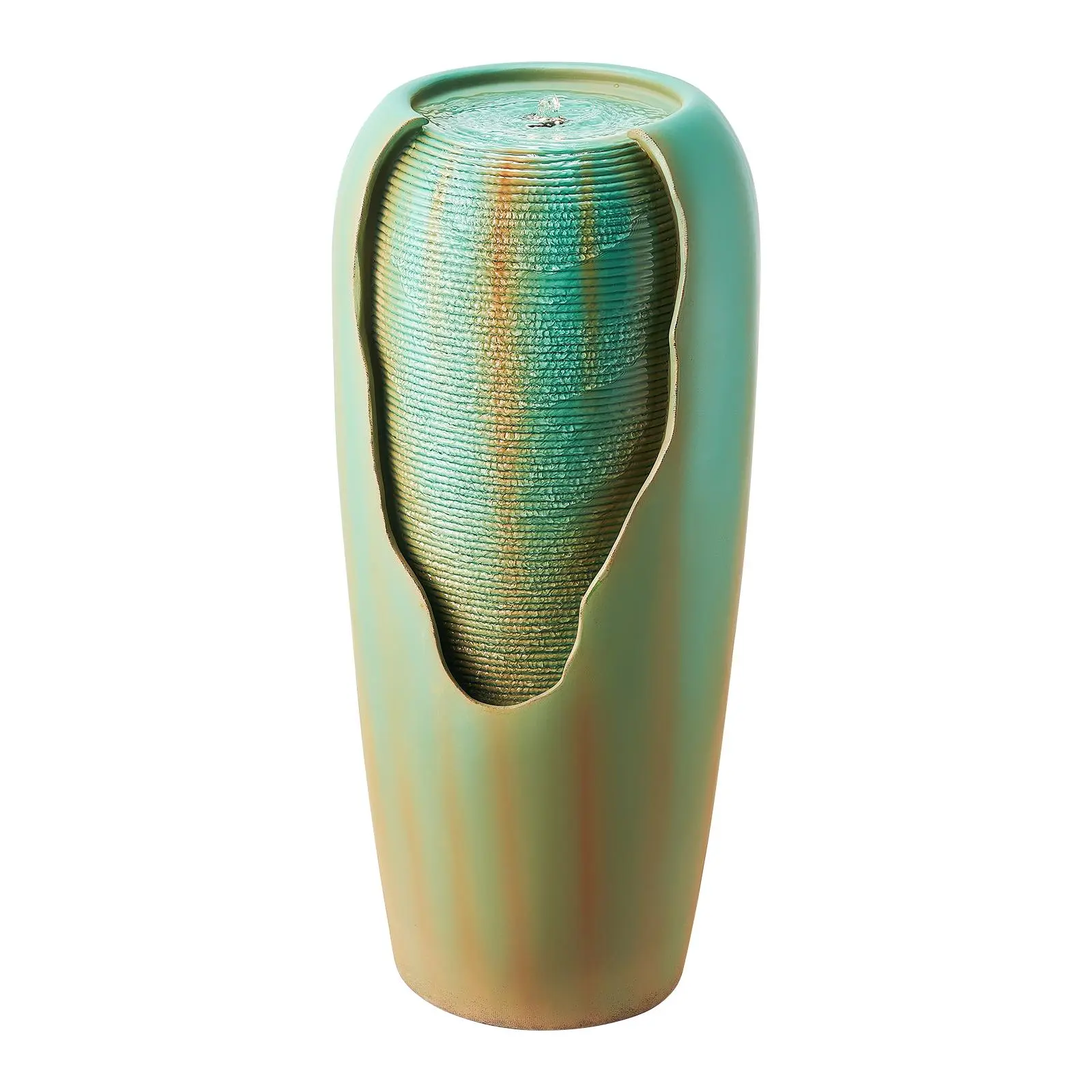 【SummerFinds】VEVOR Outdoor Water Fountain, 30.71 in Height Fountain and Waterfall, 1-Tier Floor Standing Glazed Jar Style Fountains with LED Light and Pump, for Outdoor Indoor Garden, Home, Patio & Yard (Green)