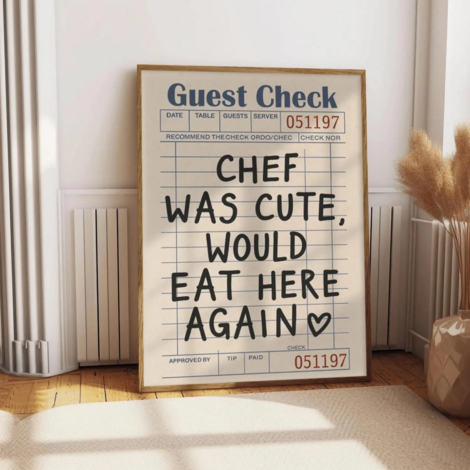 1pc Chef-Themed Guest Check Replica Frameless Vertical Canvas Poster - Funny Restaurant Wall Art with "Chef Was Cute Would Eat Here Again" Slogan, Black & White Decor for Home, Office, Dining Room - Chef Appreciation Gift