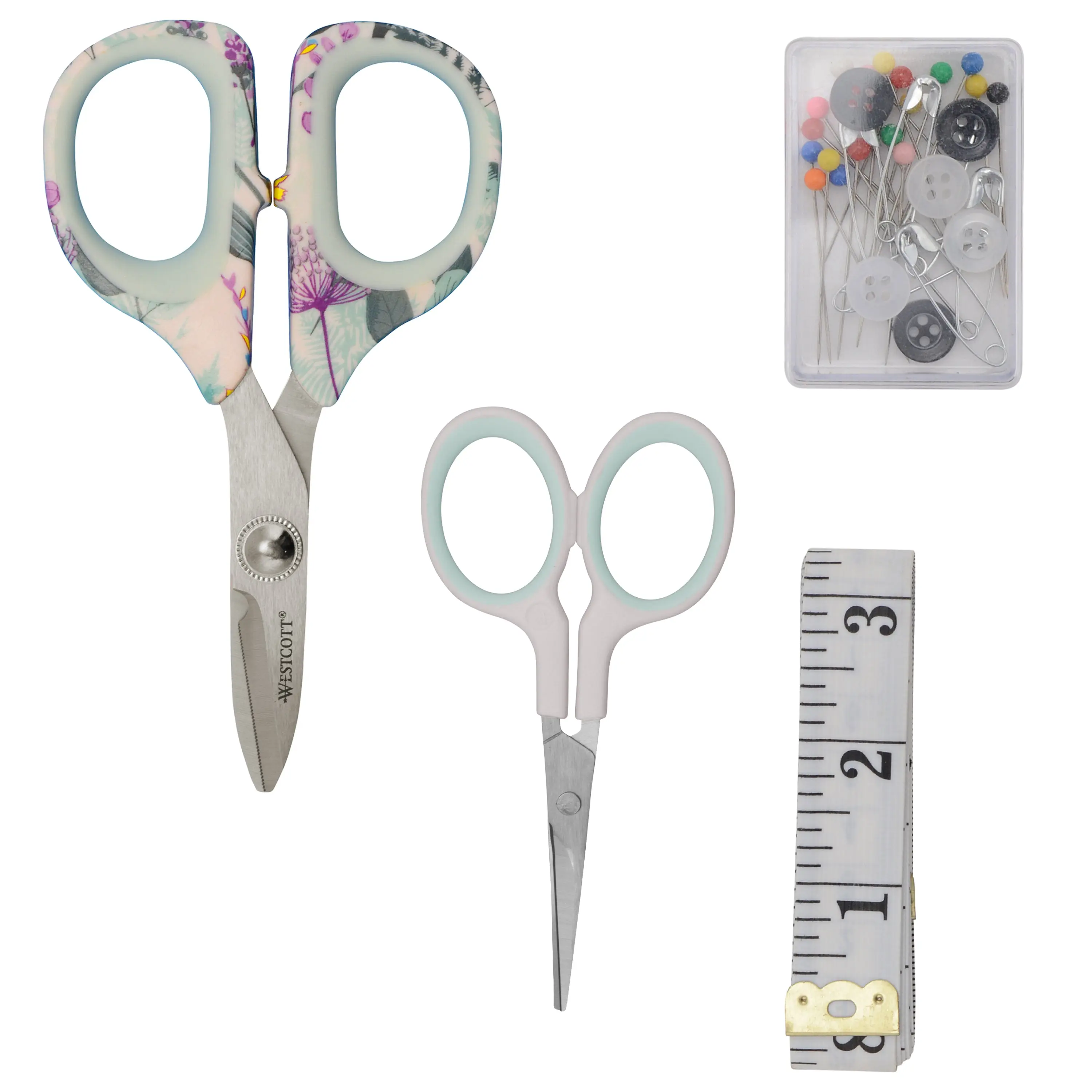 Westcott 4-Piece Sewing Set with Rag Scissors, Embroidery Scissors, Tape Measure, Box of Pins and Buttons for Fabric, Quilting, and Sewing Projects (00764-Parent)