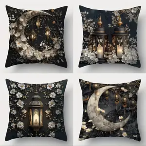 4-Piece Moon Lantern Flower Pattern Ramadan Decorative Pillow Covers, 45x45cm, Short Plush Material, Hidden Zipper, Indoor Outdoor Use, Patio Cushion Covers