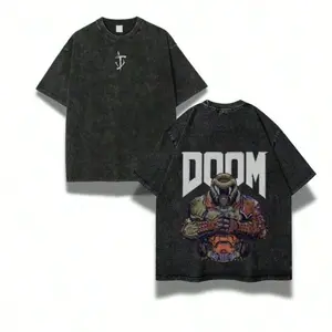 Doom Slayer Double Sided Graphic T Shirt Vintage Acid Washed Black Cotton Oversized Short Sleeve Crewneck Retro Gaming Streetwear Casual Daily Fashion Top Doom Eternal Inspired Loose Fit Tee for Fans of Sci Fi Horror Games Heavyweight Cotton All Season Ou