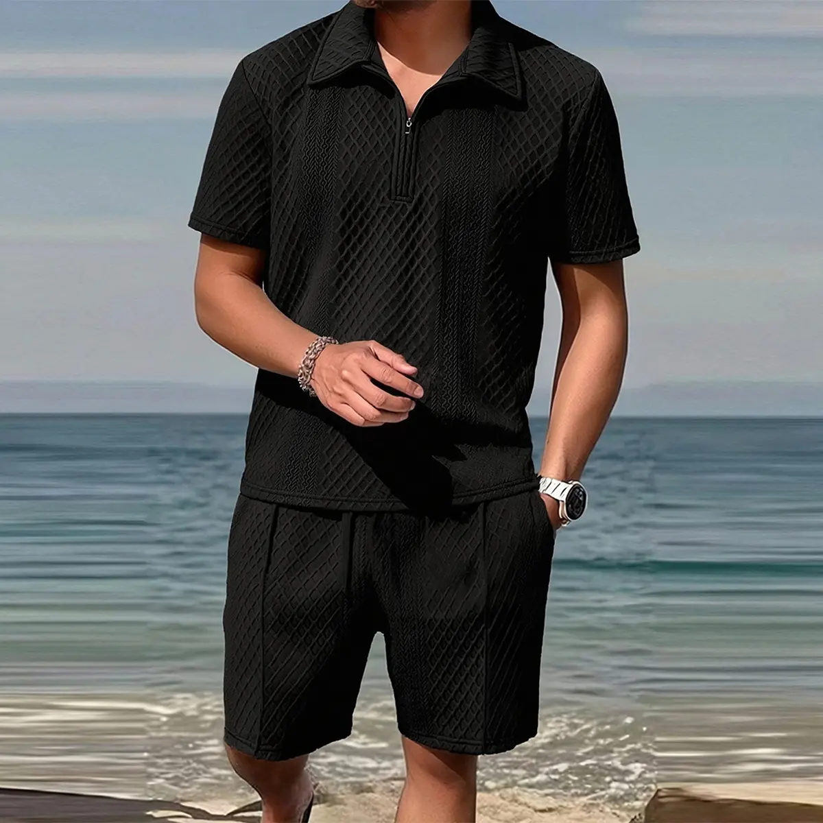 Men's Textured Jacquard 2-Piece Coordinated Costume Set - Knitted Short-Sleeve Half-Zip Polo, Breathable Fabric Shorts for Casual Summer Wear, Men's Wear, 2 Piece Mens, Half-Zip Design, Polo Shirt