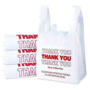Plastic Bags, 300 Count Thank You Bags, Plastic Bags With Handles For Shopping, Grocery, Plastic Bag For Small Business (11"x 6"x 21"), Recyclable T Shirt Bags, White Plastic Bag