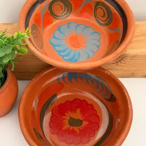 Michoacan Vintage Clay Bowl 2pc Handmade Pozole Bowls 8" Wide 3" Tall Barro Pottery Lead-Free Tableware for Mexican Dishes - Serving