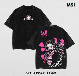 Nezuko Kamado Blood Demon Art T-Shirt – Demon Slayer Anime Washed Graphic Tee, Oversized Manga Streetwear, Pink Zen Kawaii Aesthetic, Vintage Japanese Design with Back Print