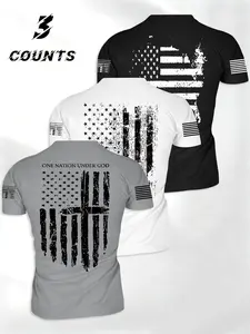 Men's 3-Piece Fitness Sportswear Set, American Flag Cross 1776 Pattern Running Top, Breathable Short Sleeve T-Shirt for Gym and Outdoor Activities, Athletic Workout Clothing, American Pride Design