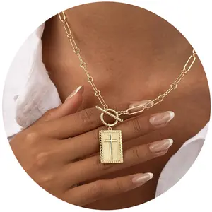 14K Gold Plated/Silver Plated Cross Necklace for Women Non-Tarnish Faith Jewelry Trendy Chunky Cross Pendant with Toggle Clasp Paperclip Chain Dainty Charm Necklace Christian Communion Birthday Christmas Gifts