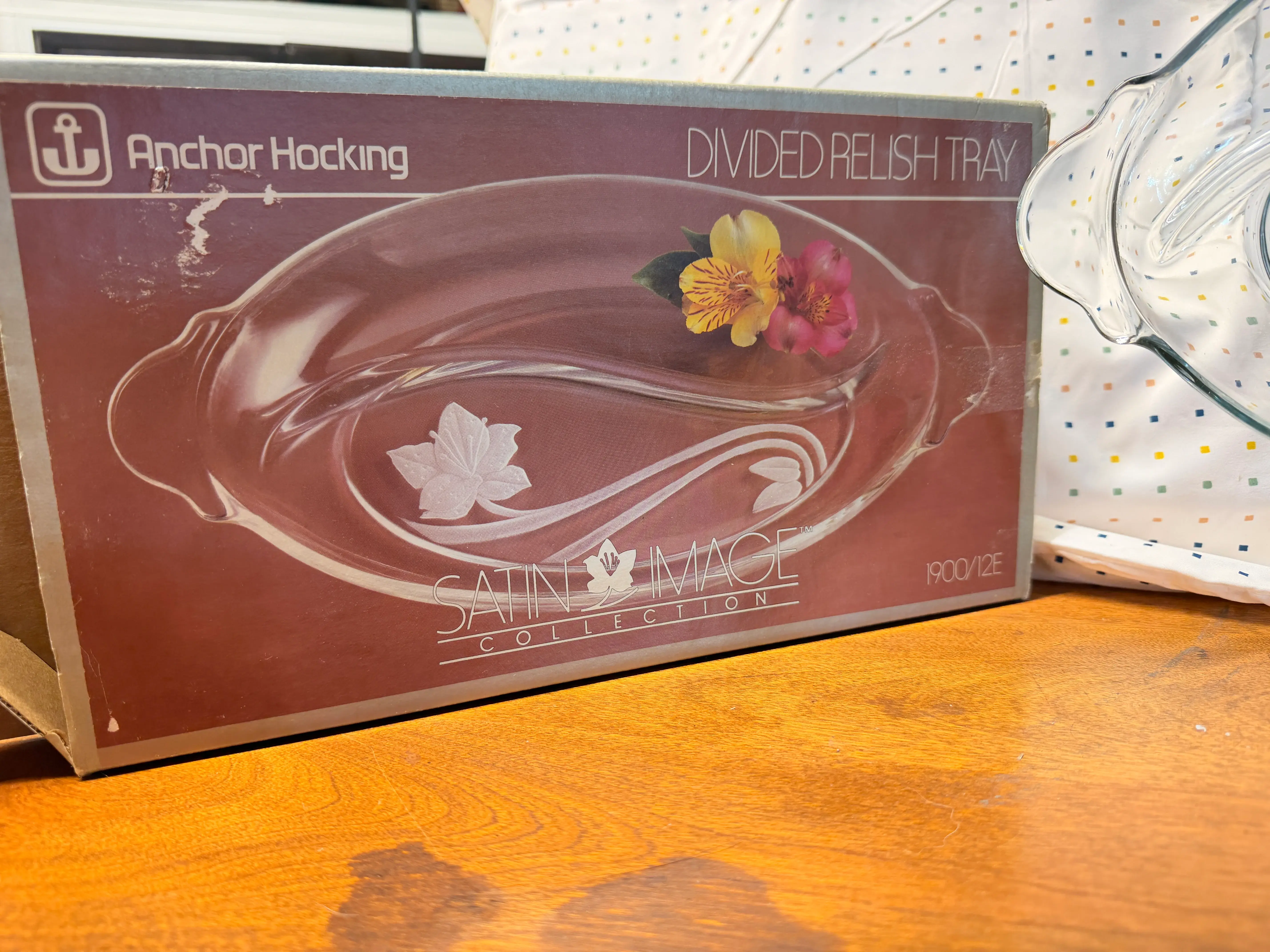 Vintage Anchor Hocking Satin Image Divided Relish Tray in Original Box | Frosted Floral Glass Serving Dish | Mid-Century Entertaining