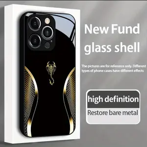 Gold Scorpion Logo Design Black Tempered Glass Anti-drop Phone Case Suitable for iPhone 17 16,15,14,13,12,11 Plus Pro Max