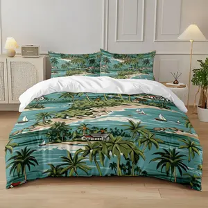 3-piece quilt cover set (1 quilt cover +2 pillowcases, no core) Hand-painted style island vacation palm tree sailing sea view beach house printed soft and comfortable bedding, suitable for all rooms