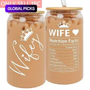 16oz Glass Jar with Lid, 1 Count Wife Letter Pattern Glass Cup with Straw and Straw Brush, Glass Bottle for Home Kitchen, Gift for Wife #GLOBAL PICKS