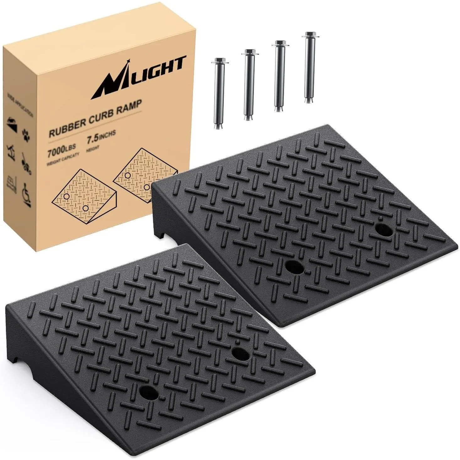 Nilight 2-Pack Industrial Synthetic Rubber Curb Ramps, 19x19x7.5in, 7.5" Rise, Hollow Grid Structure, Anti-Slip Grip, Bolt Mount, 7000 lbs Load Capacity, Portable and Stable for Cars/Bikes/Wheelchairs, Lawn Mower