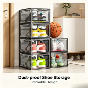 7 Code Thicken and Sturdy Clear Shoe Storage Organizer with Magnetic Door, Stackable Boxes for Closet, Foldable Shoe Rack for Sneaker and Boot Container, Plastic Shoe Cabinet Shoe Box 6 Pack, Black - Summer Sale