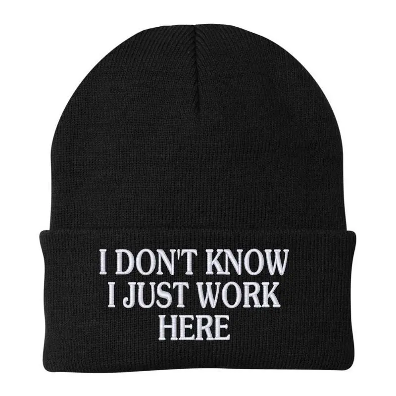 I Don't Know I Just Work Here Beanie for Men & Women, Casual Warm Unisex Knit Cap, Cozy Daily Wear Hat Beanies Letters Pattern Y2K style