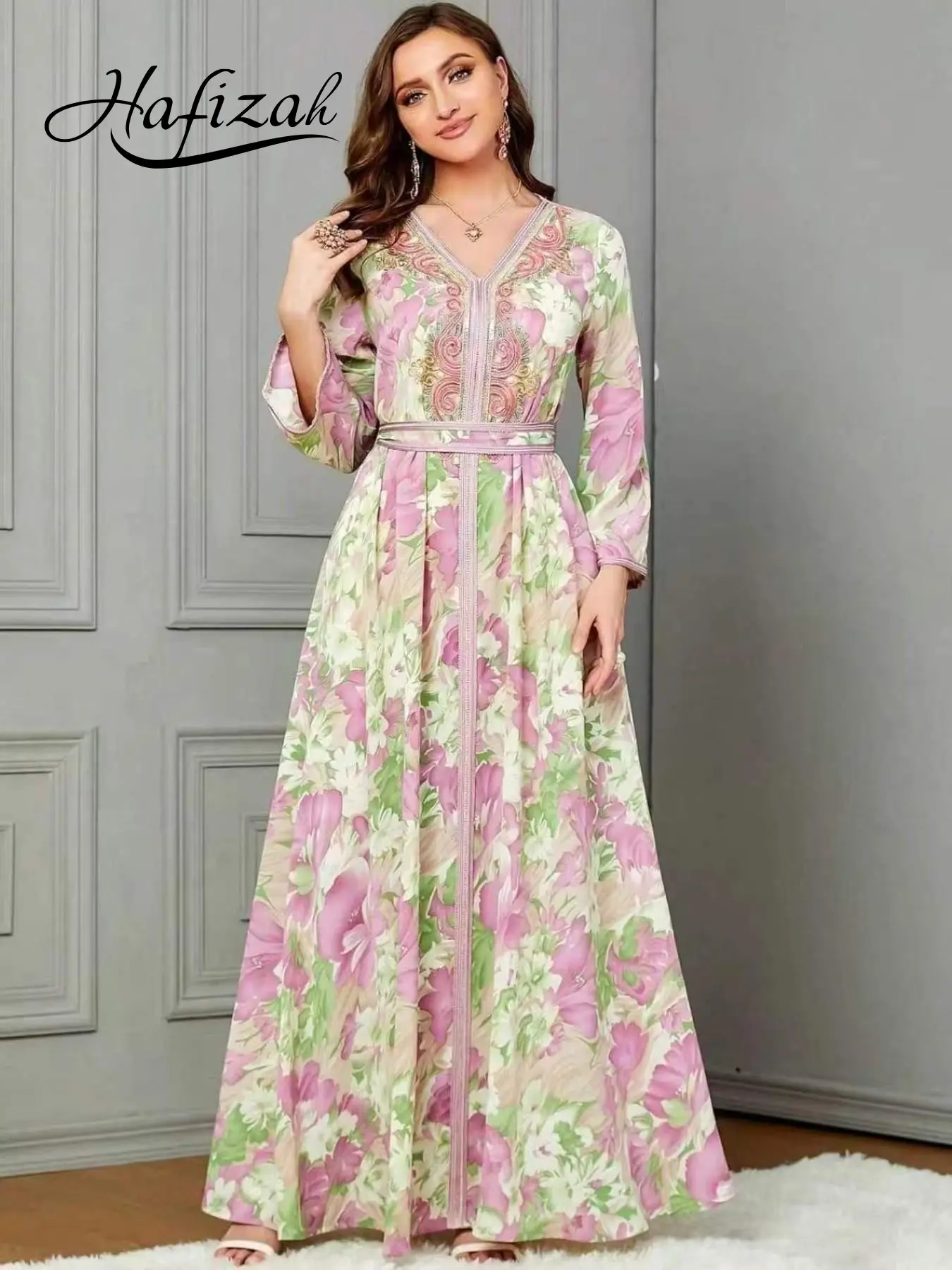 Hafizah Floral Print V-Neck Embroidered Abaya, Waist-Tied Long Dress, Loose-Fitting Kaftan, All Seasons Islamic Muslim Clothing, Muslim Women's Fashion, Modest Dress