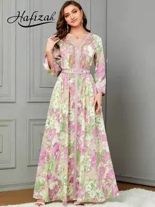 Hafizah Floral Print V-Neck Embroidered Abaya, Waist-Tied Long Dress, Loose-Fitting Kaftan, All Seasons Islamic Muslim Clothing, Muslim Women's Fashion, Modest Dress