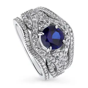 BERRICLE Sterling Silver 3-Stone Wishbone Woven Halo Engagement Rings Statement Stackable Band for Women, 1.25 Carat Sapphire-Blue Round Cut Cubic Zirconia CZ Ring Set