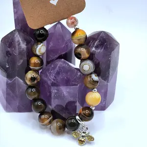 Bumblebee Agate 10mm & Milky Citrine 8mm Crystal Bracelet with Silver Bumblebee Charm and Silver Accessories