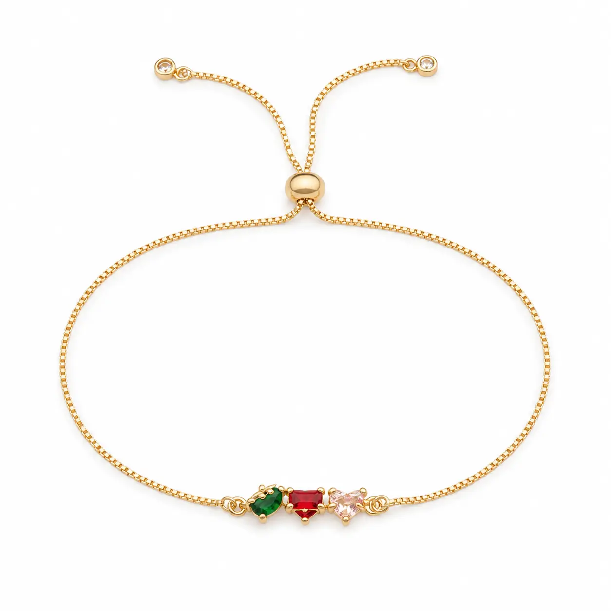 Gold-Tone Adjustable Slider Bracelet for Women, Dainty Chain with Green, Red and Pink Accents, Everyday Jewelry Gift