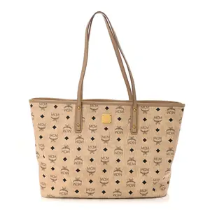 Pre-owned MCM Leather Shoulder Bags Visetos Medium Top Zip Shopper Tote Beige