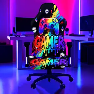1Set Rainbow Skull Game Graffiti Pattern UV Blacklight Reactive Glowing Computer Game Chair Cover, Milk Fiber Fabric With Elastic And Detachable Design That Is Machine Washable. Suitable For Office, Bedroom And Game Chair Decoration.