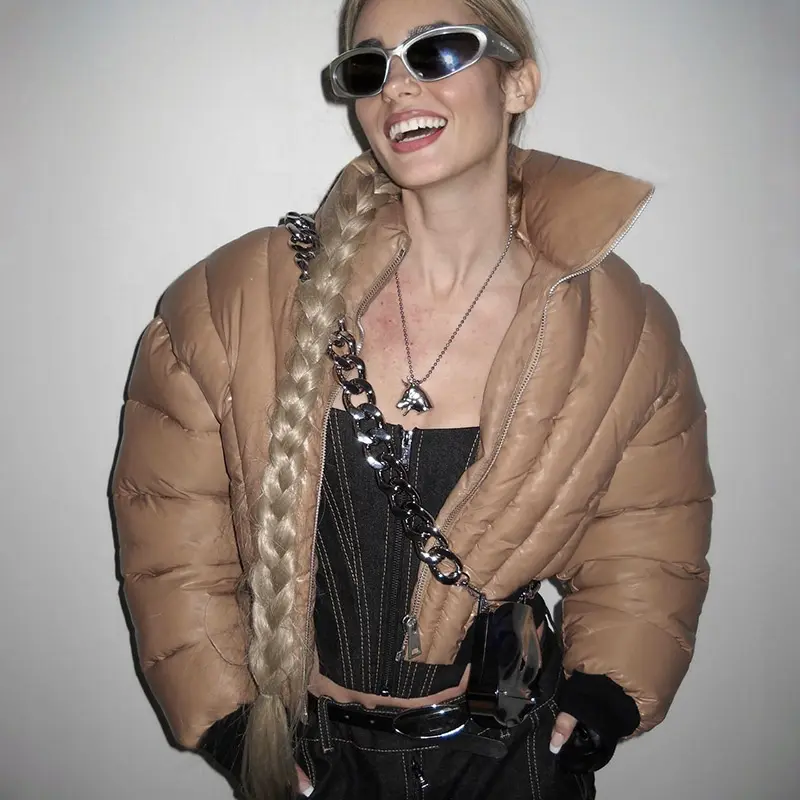 New Design Winter Wraparound Bubble Jacket Coat Women 2024 Long Sleeve Cotton Stand Collar Zipper Puffy Jackets With Corset