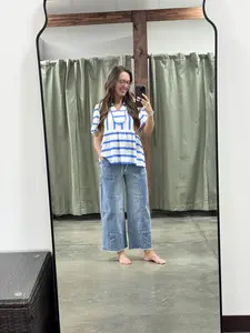 Blue Drawstring Seam Detail Raw Hem Wide Leg Denim Pants