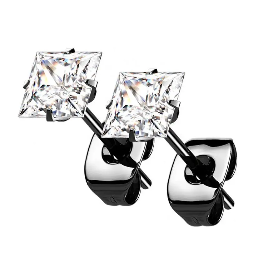 Black PVD Square Prong CZ Titanium Earrings