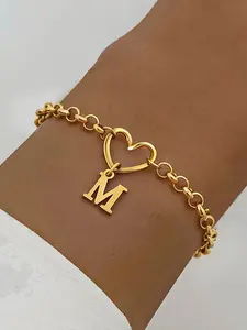 Women's Heart Initial Letter Bracelet, Heart Shaped Bracelet, Heart Charm Bracelet, Letter Pattern, Classic Stainless Steel Chain, Casual Style, All Seasons Wear, No Choking Hazard