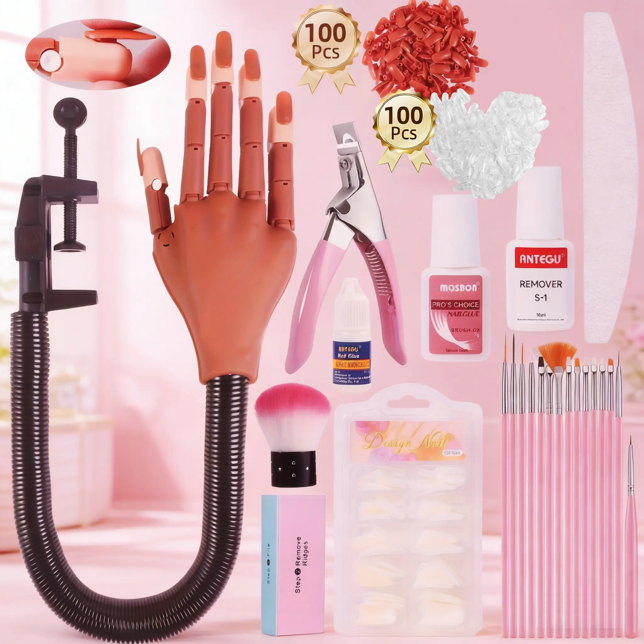 Mannequin Nail Practice Hand with Clamp Stand - Movable Fake Hand for Nails, Acrylic & Gel Nail Training, Nail Art Kit for Beginners, Removable Nail Tips for Manicure Practice and Nail Care