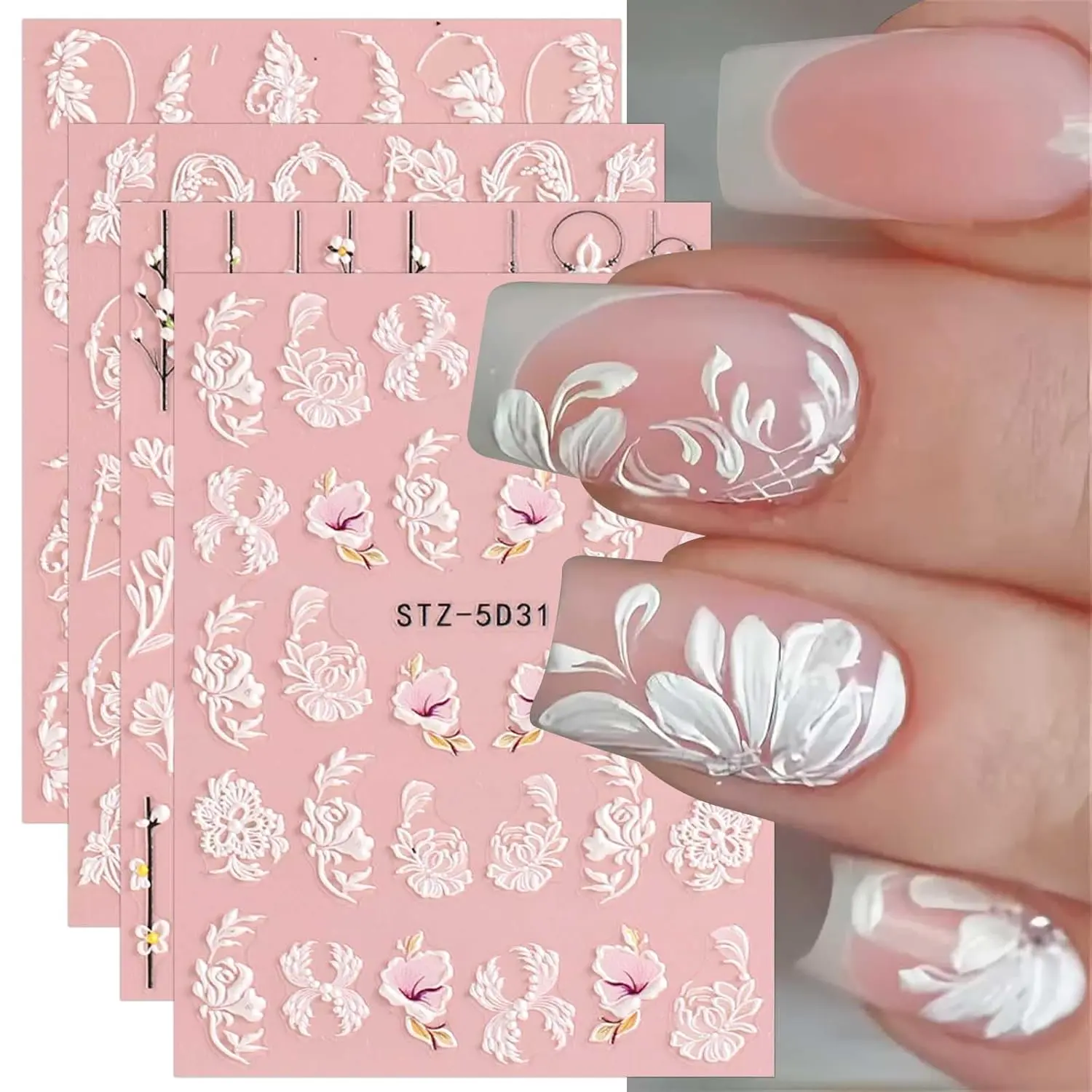 5D Spring Embossed Flower Nail Art Stickers 4 Sheets  Real Self-Adhesive Decals Floral Design Nail Decoration for Women Girls