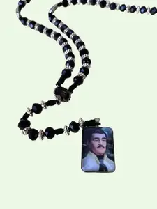 Jesus Malverde Rosary Style Necklace  19" Long Black color