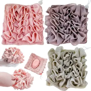 3 Pcs Soap Bar Loofah, Washcloth Loofah Combo 2 in 1 Bar Soap Loofah Pouch Can Hold Soap Effective Exfoliation for Bathing (Khaki + Coffee + Pink)